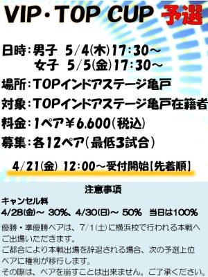 VIP･TOP CUP予選会 開催！【TOPインドアステージ亀戸ブログ】