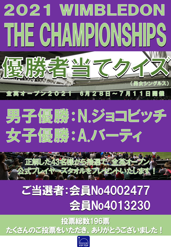 全英オープン優勝者当てクイズ結果発表 テニススクール トップインドアステージ多摩 東京都八王子市 Top多摩